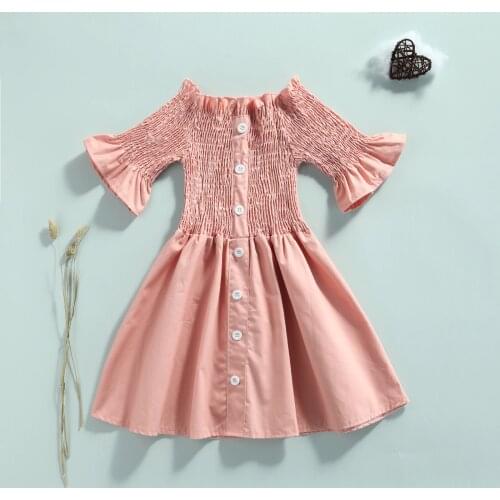 Kids Summer Dress, Shirring Stretch Boat-Neck Short Sleeves Buttons Casual Skirt for Girls, 2-7 Years
