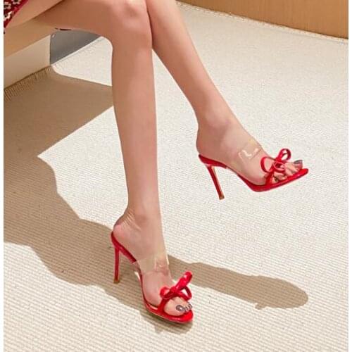 Drop Shipping Girls Nude Black Red Coffee Brown White Patent Leather PVC Bow Ties Sandals Woman Slip On Thin Heels Slippers