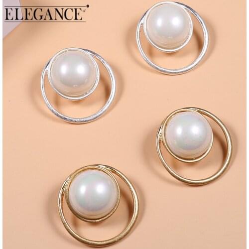 ELEGANCE11 Oval Pearl Earrings Semicircle Hollow Jewelry Geometric Temperament Double Metal Inlaid Accessories For Girlfriend