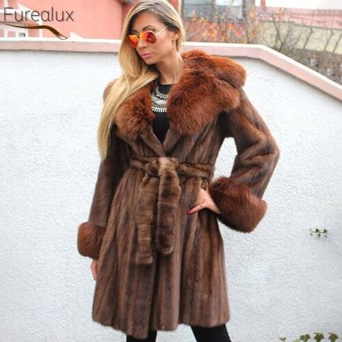 FUREALUX Fashion Genuine Real Mink Fur Coat Fur Coat With Fox Hat Collar Womens Imported Light Coffee Color Warm Casual Jacket