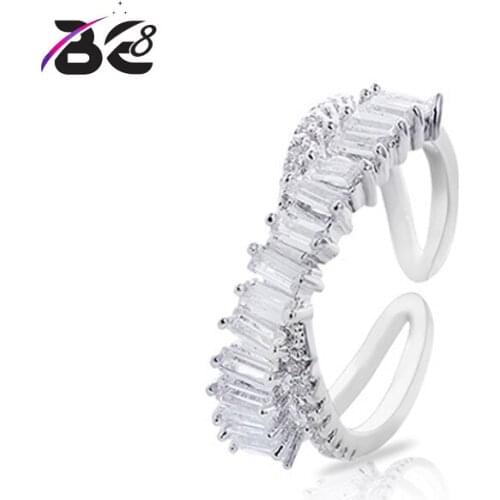 Be8 Luxury Clear Baguette Cubic Zirconia Engagement Rings for Women Adjustable White Gold Rings Accessories Party Gifts R-079