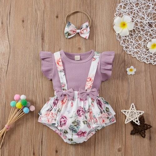 3Pcs Toddler Baby Girls Ruffles Outfit Fly Sleeve Knitted Romper Floral Printing Suspender Shorts Headwear Children Outfits