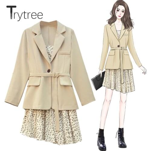 Trytree 2021 Spring Autumn Two piece set Casual Belt Pockets Blazer Jacket + Floral Sling Dress Office Lady Suit 2 Piece Set