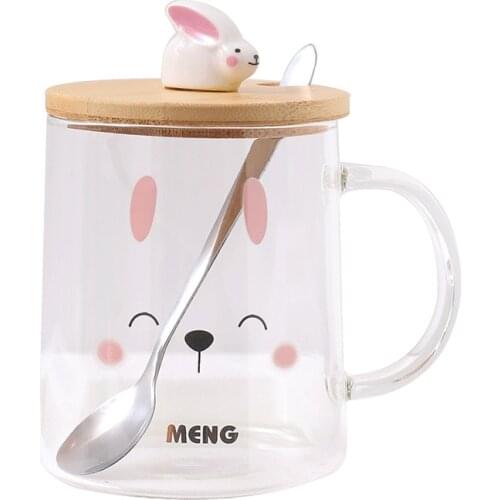500ML Cute Rabbit Mug with Lid Spoon Girl Cartoon Glass Breakfast Milk Cup Student Milk Tea Mug Office Drink Cup Holiday Gift