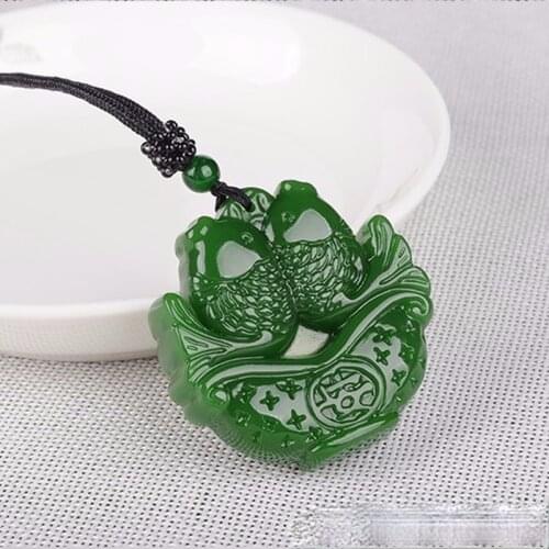 Hot Selling Natural Men Women Green Jade Hand-Carved Double Carp Pendant Necklace Jewelry Charm Amulet Gifts Unisex