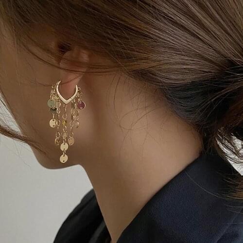Fashion Small Round Gold Sequins Long Tassel Earrings for Women Bohemian Statement Jewelry Korean Style Party Earring