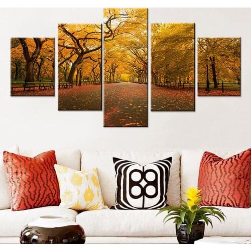 Modular Canvas HD Prints Poster Home Decor Wall Art Picture 5 Pieces Forest Yellow Tree Art Scenery Landscape Painting Framework