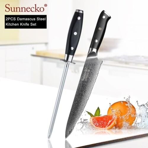 SUNNECKO Damascus Chef Knife + knife Sharpener Stick 2PCS Kitchen Knives Set Japanese VG10 Steel Meat Cutter Tools G10 Handle