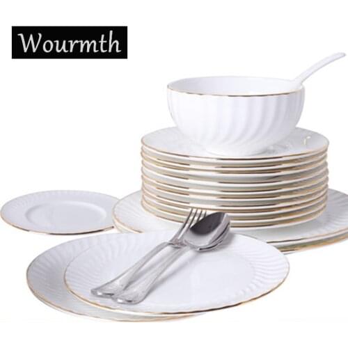 Bowls and Plate Set 50% Bone china Tableware Spoon and Dinner plates Phnom Penh embossed pot Set Western Simple Gift Porcelain