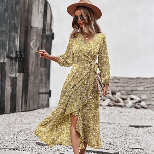 Chifirena Vacation Ruffles Maxi Dress Long Sleeve V-neck Wrap A-line Sexy Dresses for Women Badange Beach Boho Casual Vestidos
