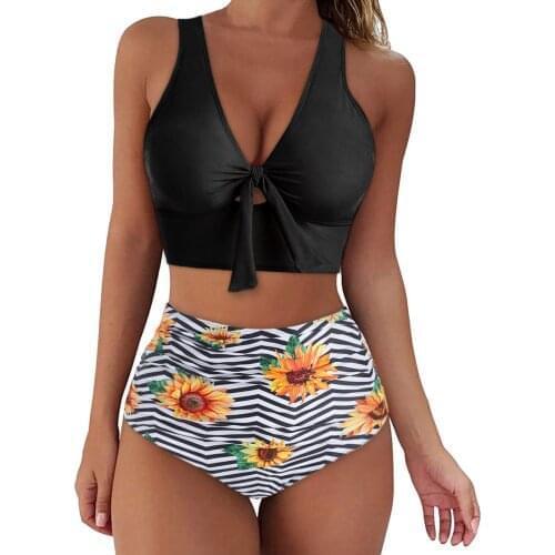 Beach Bikini Set Sunflower Print V Neck Swimsuit Sleeveless Beachwear Summer Swimwear 2021 Fashion Brazilian Bikini Feminino