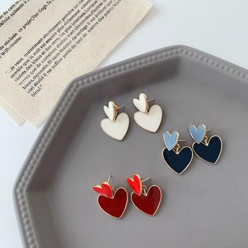 Minimalist Enamel Layed Heart Earrings for Women Girl Metal Red Blue White Love Heart Hanging Drop Earrings Statement Jewelry