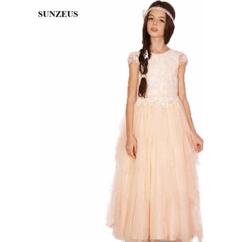 A-line Cap Sleeve Lace Flower Girl Dress Long Tulle Champagne Wedding Party Gowns For Kids FLG068
