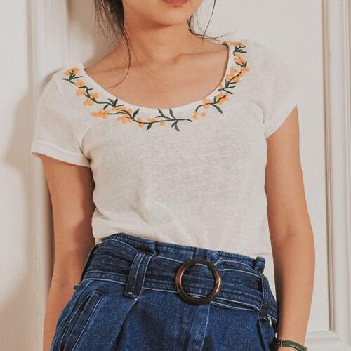 Floral Embroidery T Shirt Women Summer Short Sleeve Backless Shirts 2020 Elegant Chic Tees Tops