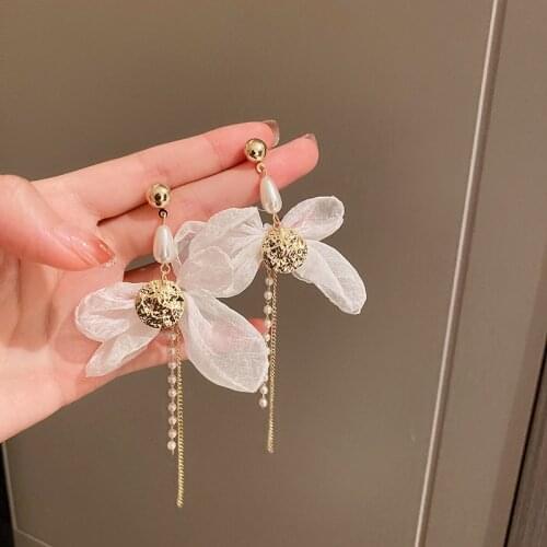 Origin Summer Fairy White Muslin Bowknot Dangle Earring for Women Long Tassel Simulation Pearls Drop Earring Jewelry Pendientes