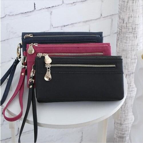 Women Wallets Dull Polish Leather Double Zipper Day Clutch Wristlet Portable Bag