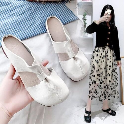 YSHUNIJ Large-size bag head cool drag girl 2021 summer new solid color flat heel soft leather cool drag shoes