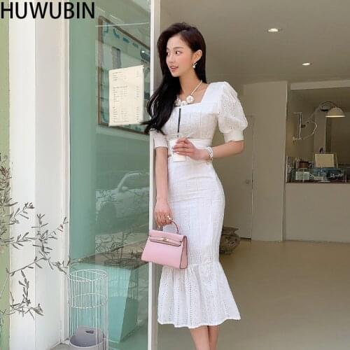 2021 Summer Korean New Fashion Square Neck Bubble Sleeve Short top + Lace Medium Length White Fishtail Skirt Two Piece Set