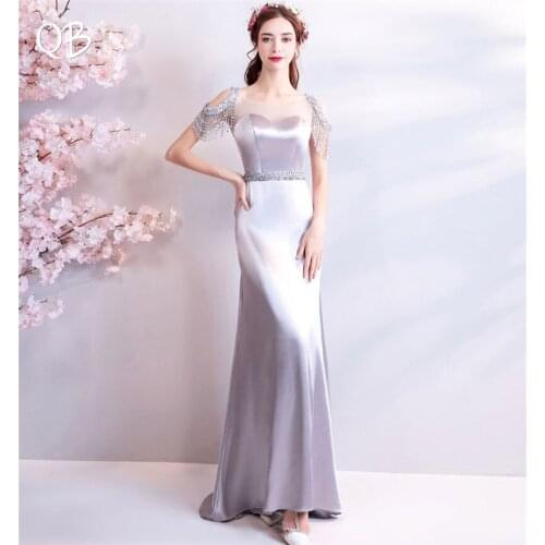 Silver Mermaid Backless Satin Crystal Beaded Sexy Formal Elegant Evening Dresses Bride Banquet Party Prom Dress XK80