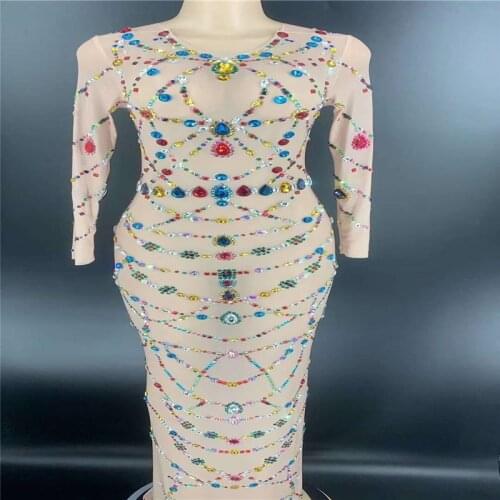 V55 Female see through one-piece rhinestones evening dress birthday wear colorful crystal long skirt mesh diamonds drill outfit