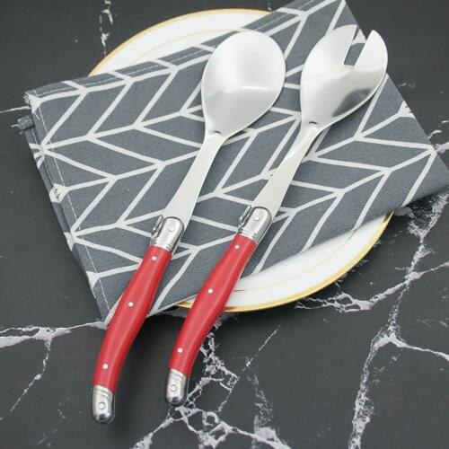 2pcs 10'' Red Salad Spoon set Laguiole Stainless steel Dinnerware Red ABS Handle in Wood Base Christmas Cutlery Bar Restaurant