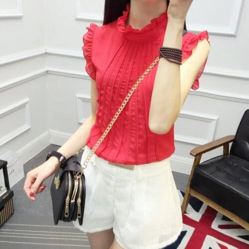 2019 summer new womens stand collar wooden ear sleeveless chiffon sweet top lace bottoming shirt trend