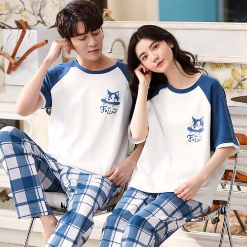 2021 New Cartoon Cute Lovers Pajamas Set Plus Size Sleepwear For Women Short Sleeve Long Pants Nightwear Men Night Suit Home Set