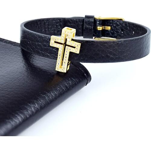 Christian Hollow Cross Charm Bracelets for Women Zircon Stone Paved Adjustable Black Leather Bracelets Jewelry Gift