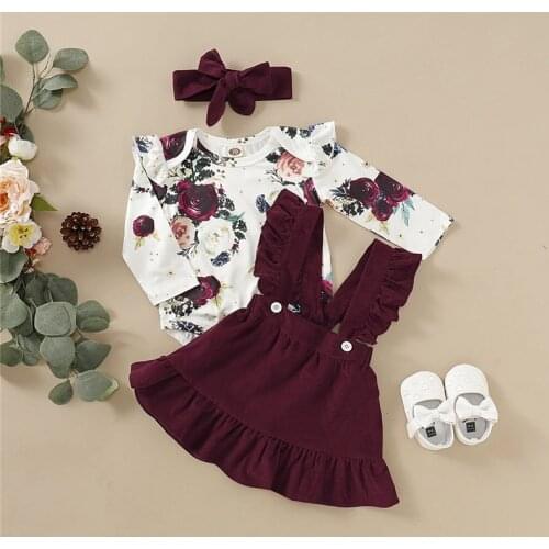 Newborn Toddler Kids Baby Girls clothes Floral print Bodysuit bow Headband strap Button solid skirts 2pc Outfit