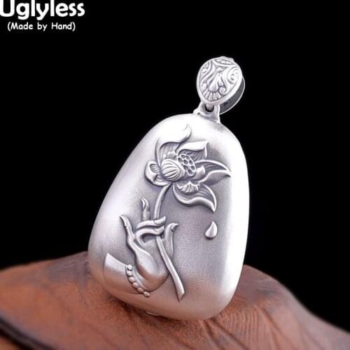 Uglyless Hollow Box Design Buddhism Jewelry for Women Buddha Hand Lotus Necklaces NO Chain 999 Full Silver Prajna Paramita Sutra