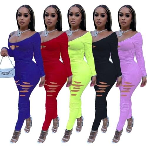 DPSDE 2020 spring new women sexy hip hop style sets long sleeve round neck top elastic long pants pure color two piece sets