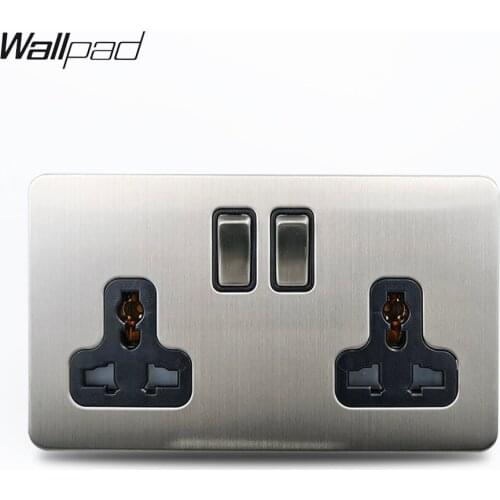 H6 Double Universal Switched Wall Socket 16A Power Outlet Brushed Silver Chrome Satin Stainless Steel Panel BS1363