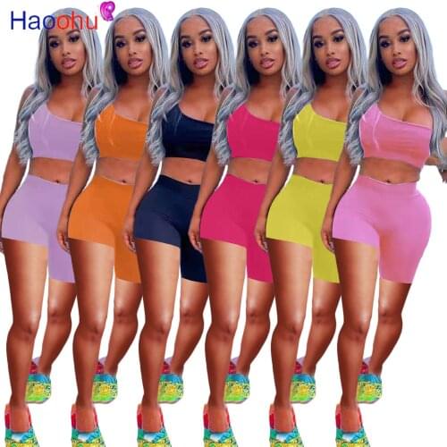 HAOOHU Summer Vacation Outfits Two Piece Set One Shoulder Backless Crop Top Biker Shorts for Women Sexy Beachwear Matching Sets