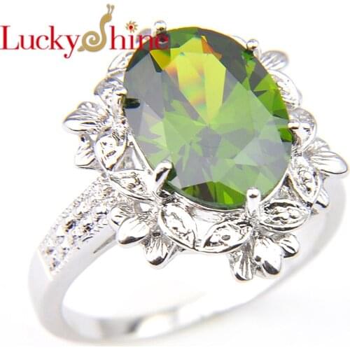 Luckyshine Fashion Jewelry Rings For Women Flower shape Oval Green Peridot Wedding Jewelry Rings Russia Australia Rings