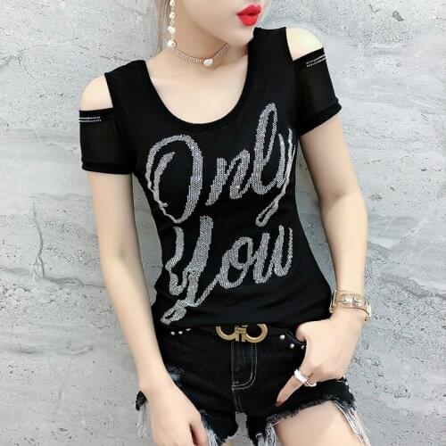 Fashion Diamond Text T-Shirt Ladies O-Neck summer Tops T-Shirts Women Large size Short sleeve