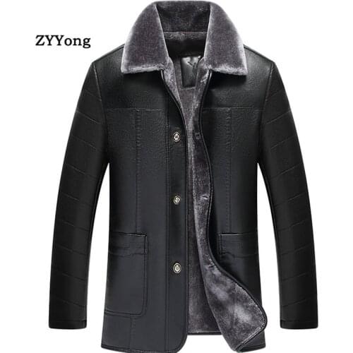 Winter Black Fleece Leather Jacket Men Parka Coat Overcoat Plus Velvet Warm PU Fur Collar Business Brown Windbreaker Outwear