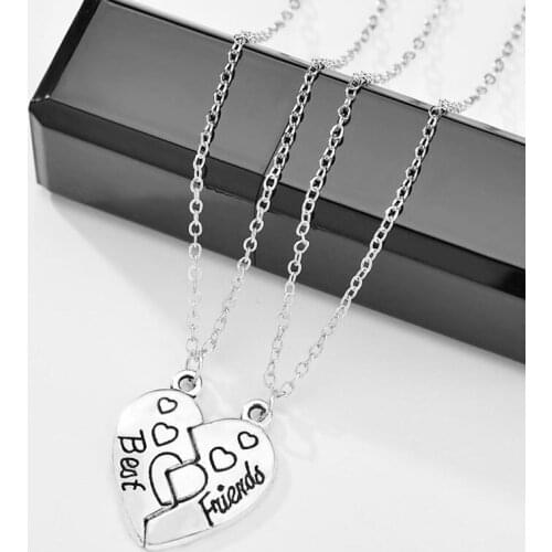 2 pcs Charm Best Friends Carved Heart Shaped Pendants Necklaces for Women Girls Couples BFF Friendship Silver Color Necklaces