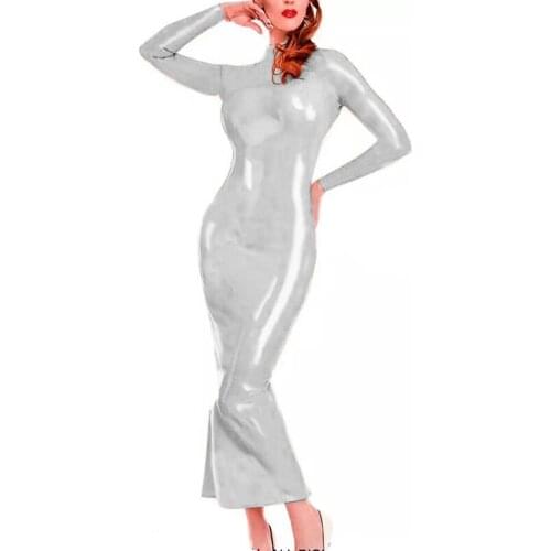 Sexy Mermaid Dresses Ladies Retro High Neck PVC Clubwear Long Dress Performance Dress Ankle Length Skinny Vestido