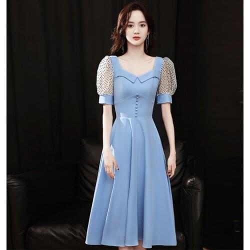 Special Occasion Dress Vintage V-Neck Short Luxury Light Blue A-Line Zipper Button Knee-Length Satin Elegant Lady Prom Gown E970