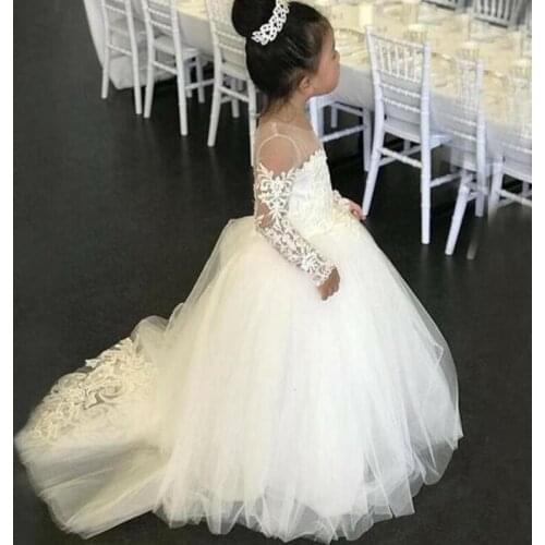 Fashion Flower Girl Dresses For Weddings Long Sleeves Fluffy Tulle Appliques Lace First Communion Girls Pageant Dresses