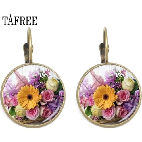 TAFREE Simple Vintage Clip Earrings Beautiful bouquet Glass Cabochon Flower Picture Antique Bronze Plated Women Earring FL16