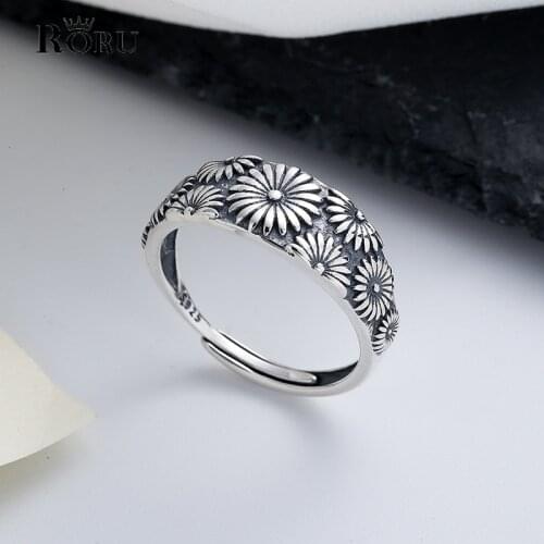 Retro S925 Silver Flower Ring Adjustable Rings for Women Party Anniversary Retro Jewelry Accessories Korean Punk Style 2021
