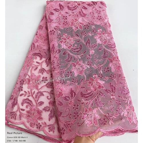 Top grade pink rope embroidery African lace fabric 2019 grids mesh french lace with sequins high quality 5 yards wise choice