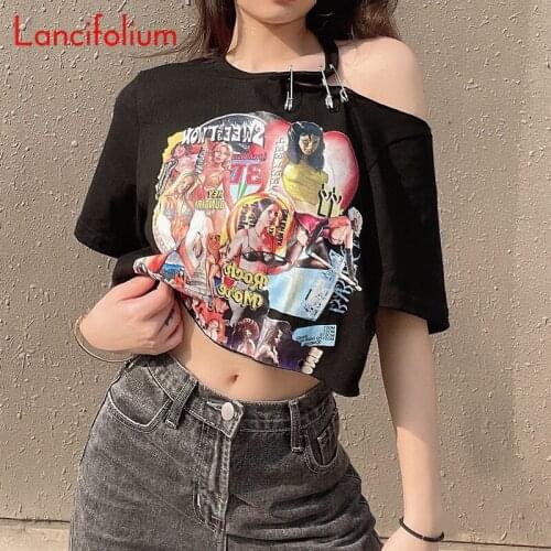 Y2k Black Vintage Anime Carton Graphic Short Sleeve Baby Tees Korean Fashion Kawaii Gothic Harajuku T Shirt Crop Top Women 2021