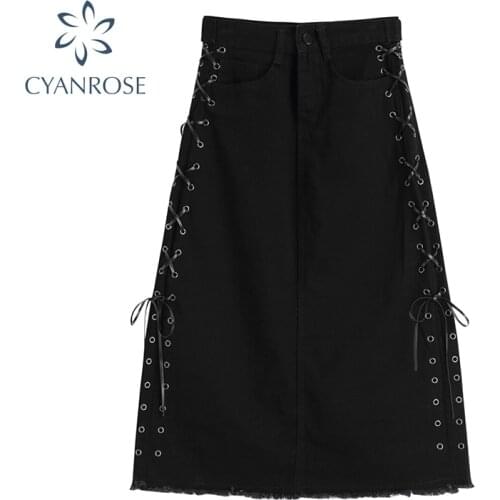 Gothic Punk Skirt Women Black Side Drawstring Lace Up High Waist A-Line Skirt Streetwear Loose Casual Harajuku 2021 Skirt Female