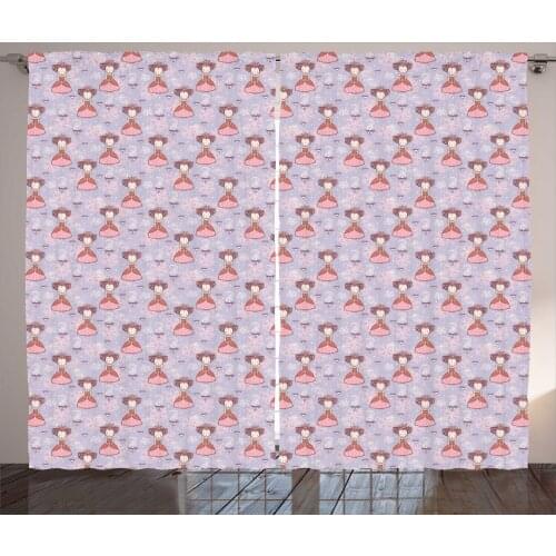 Tea Party Cartoon Curtains Princess English Drink Fun Satin Fabric Drapes for Living Room Bedroom 2 Panel Window Set