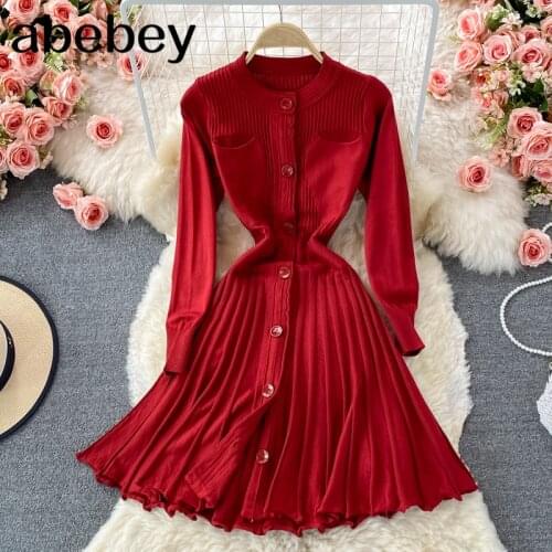 Women Elegant French Knitted Dress Long Sleeve Single Breasted A-line Dresses Autumn Fashion Streetwear Sweater Dress