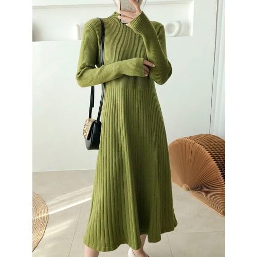 TIGENA Women Knitted Long Sweater Dress 2021 Autumn Winter Casual A Line Solid Tunic Long Sleeve Dress Female Green Black