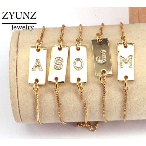 10PCS, Metal Chain Bracelet Jewelry New Design Gold Color Micro Pave CZ Initial Letter Bar Bracelet For Femme Fashion Jewelry