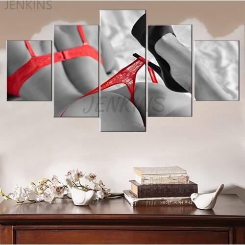 5 Piece Black White Canvas painting Wall Art Model Girl Indoors Paintings Sexy Poster Picture Woman in Red High Heels Shoes